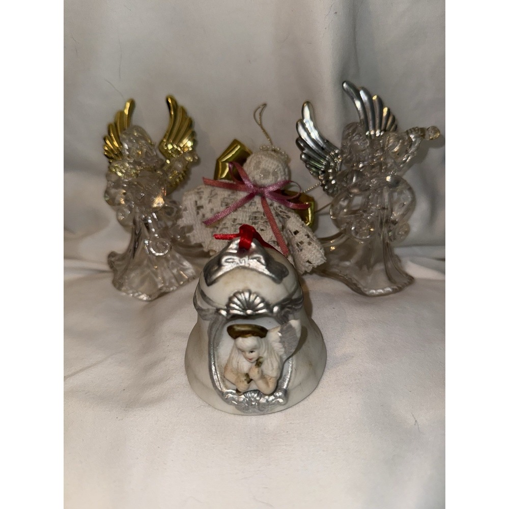 Lot of 4 Vtg Christmas Ornaments "Angel" Theme Porcelain Bell‎ Lace Handmade